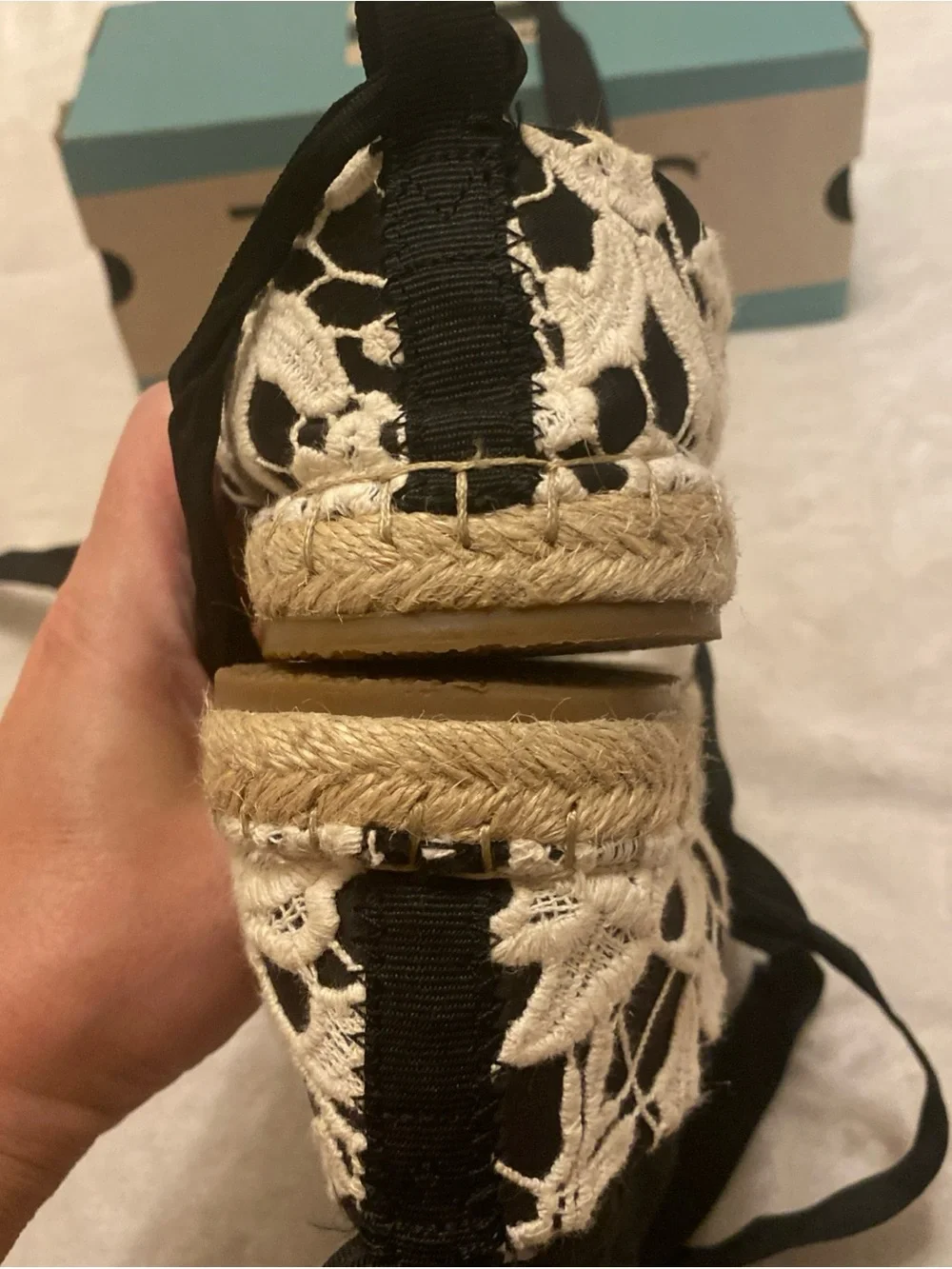Toms Katalina Black and Ivory Crochet Floral Lace Ankle Tie Espadrilles